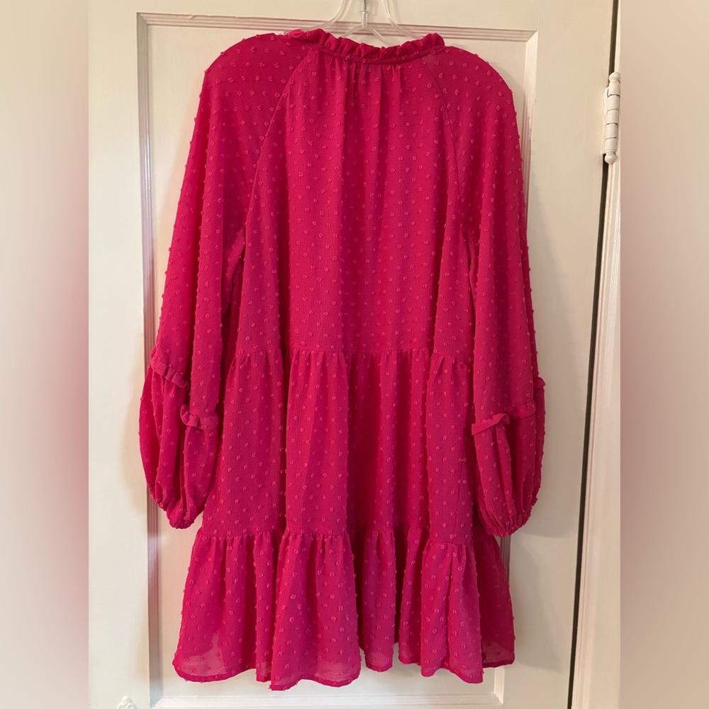 CeCe Hot Pink Clip Dot Babydoll Dress L | Long Sleeve Balloon Sleeve - Picture 7 of 9